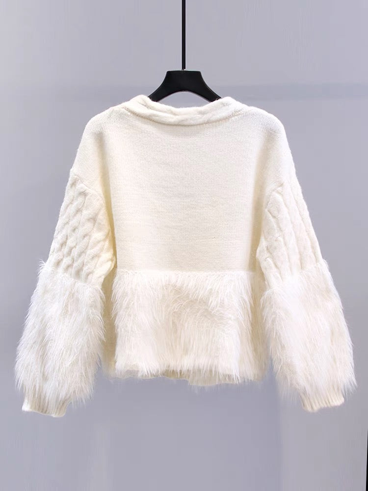 Xiaoxiangfeng mink velvet spliced sweater jacket for women autumn and winter 2023 new loose, gentle and high-end knitted cardigan