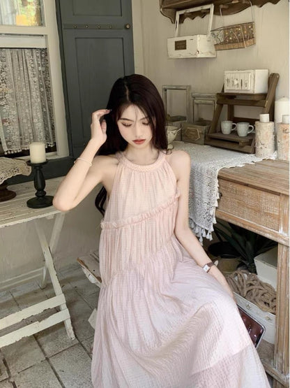 Holiday style pink hanging neck dress women's summer 2023 new sweet design sense niche temperament mid-length skirt l