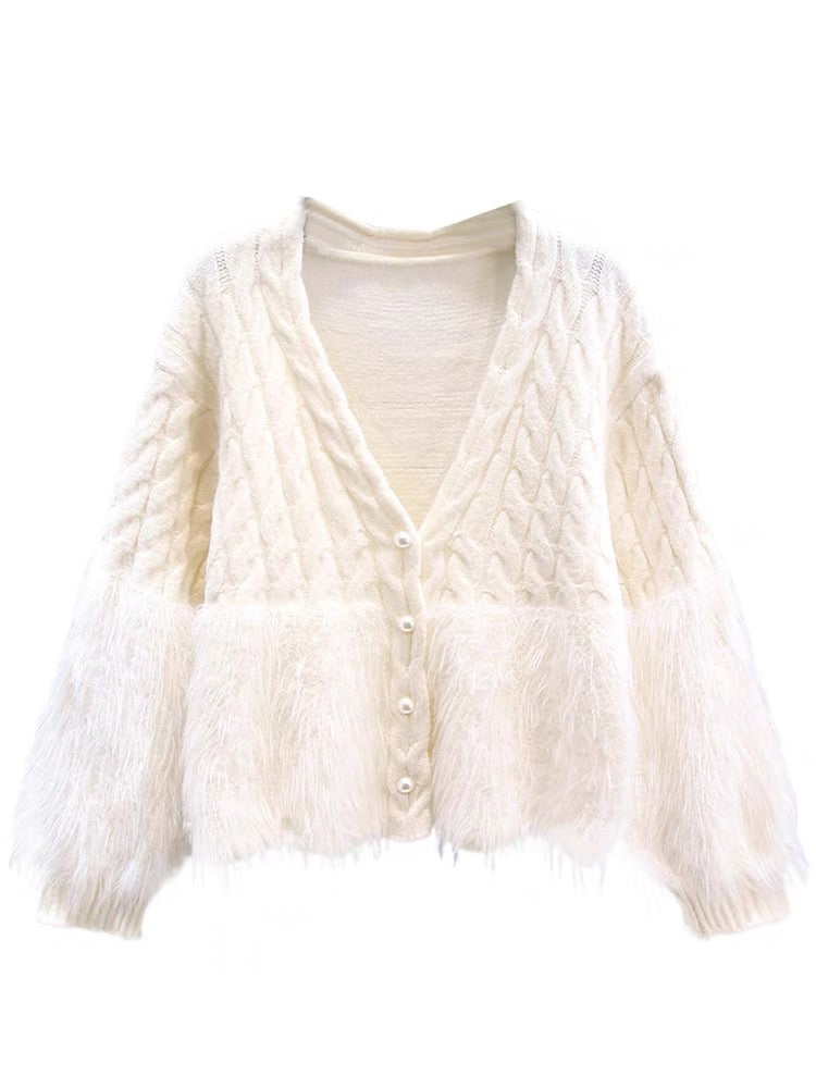 Xiaoxiangfeng mink velvet spliced sweater jacket for women autumn and winter 2023 new loose, gentle and high-end knitted cardigan