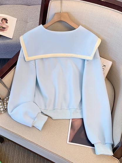 Milky blue navy doll collar sweater for women 2024 early spring and autumn new hot style short tops for small people