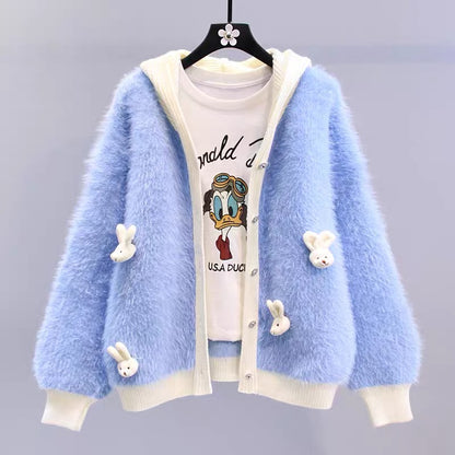 Japanese cartoon imitation mink hooded sweater jacket for women autumn and winter 2023 new loose design knitted cardigan (S3337)