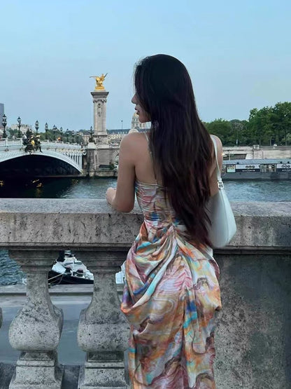 French unique and beautiful babes high-end sexy backless satin floral dress female summer seaside holiday dress