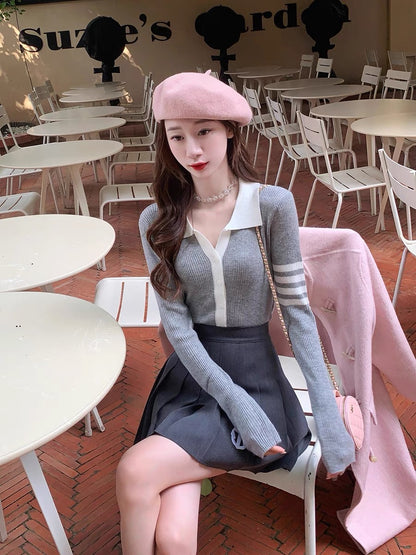 Guoguojia color-blocked long-sleeved sweater for women autumn 2023 new lapel thin slim sweater bottoming shirt (B3314)