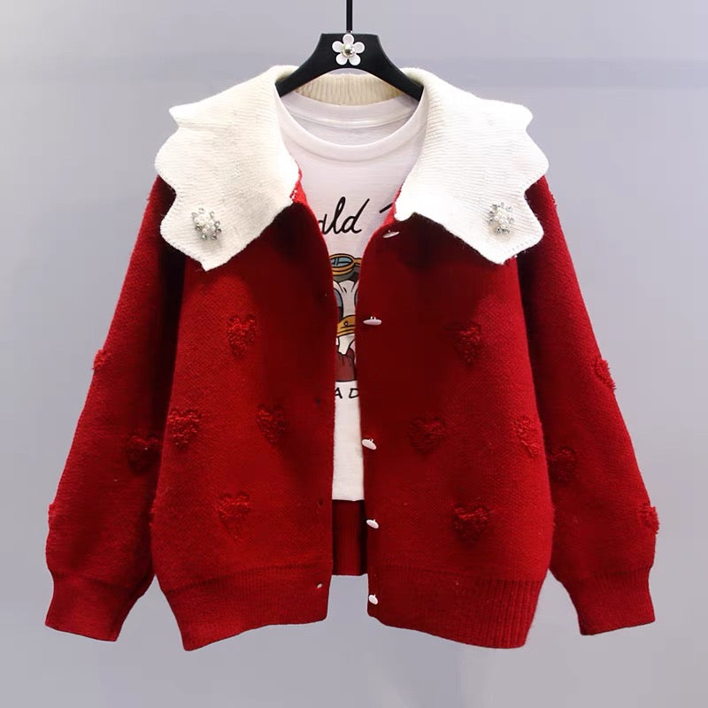 Contrast color doll collar sweater cardigan for women spring 2023 new Japanese style loose high-end style sweater jacket (S3334)