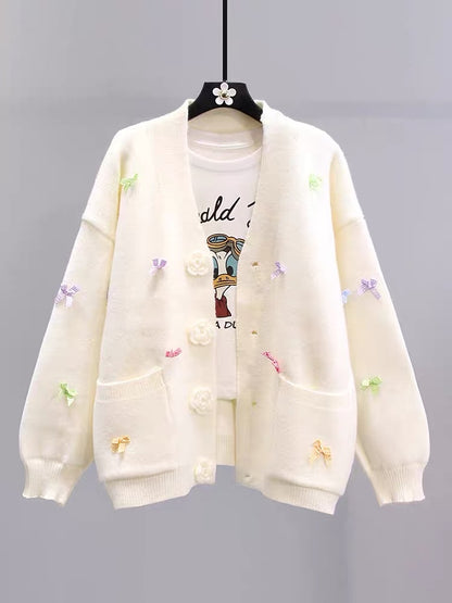 Japanese flower bow sweater coat for women autumn and winter 2023 new loose lazy style knitted cardigan