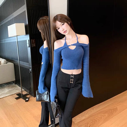 Song Zhiya's same style 2023 autumn and winter sexy pure desire halterneck camisole short slim fit pullover long-sleeved suit for women