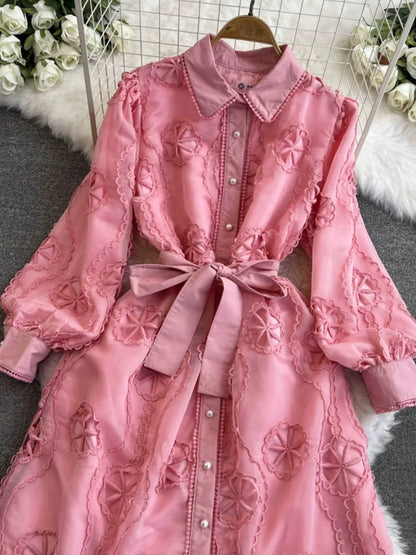 Fashionable, light luxury, ladylike temperament, lantern long sleeves, lapel, waist-slimming, single-breasted, A-line, hollow embroidery dress