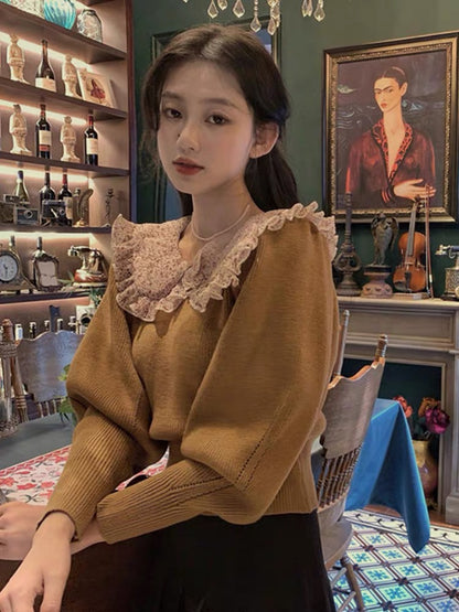 Large size lace splicing doll collar solid color sweater women's autumn and winter 2023 new loose outer wear long-sleeved knitted top