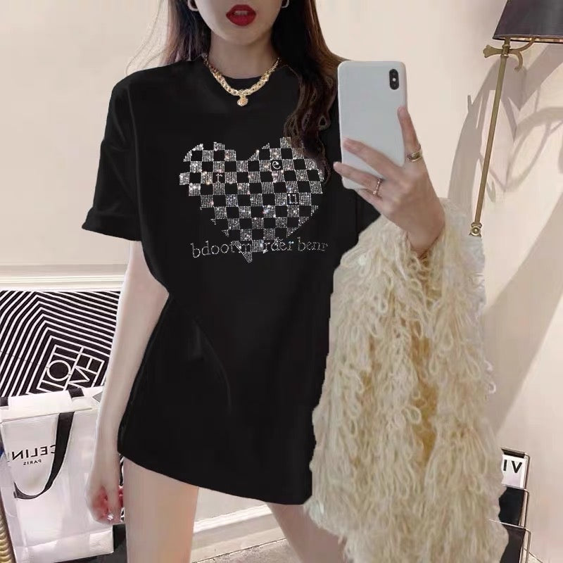 Minority trendy brand black t-shirt women hot diamond love loose cotton mid-length short-sleeved summer lazy wind top ins