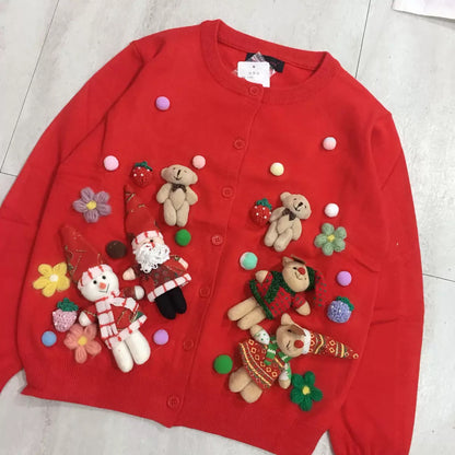 zodiac year 3D three-dimensional Santa Claus elk snowman doll forest sweater female super fairy retro red day cardigan