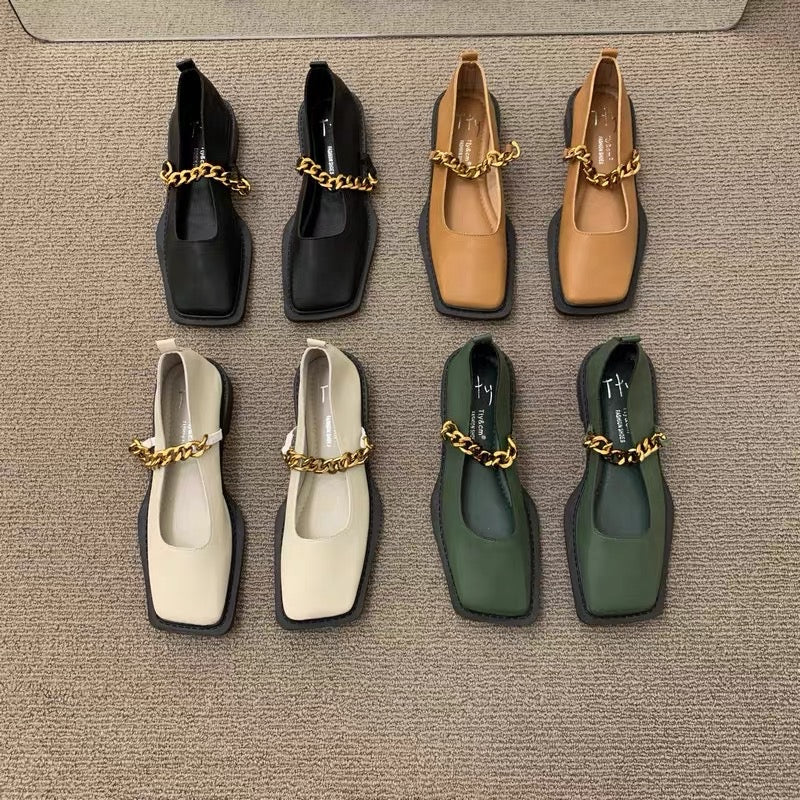 French-style flat-soled niche single shoes women's shoes 2023 autumn new green square toe scoop shoes small leather shoes