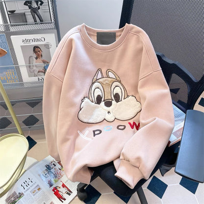 Dirty pink cute plush cartoon embroidered straight shoulder sweatshirt for men and women autumn and winter lazy style plus velvet thickened inner top