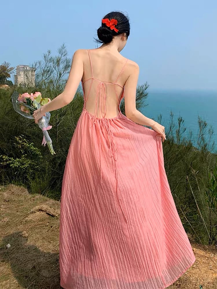 French pink high-end sexy backless suspender dress female summer fairy temperament seaside holiday princess long skirt