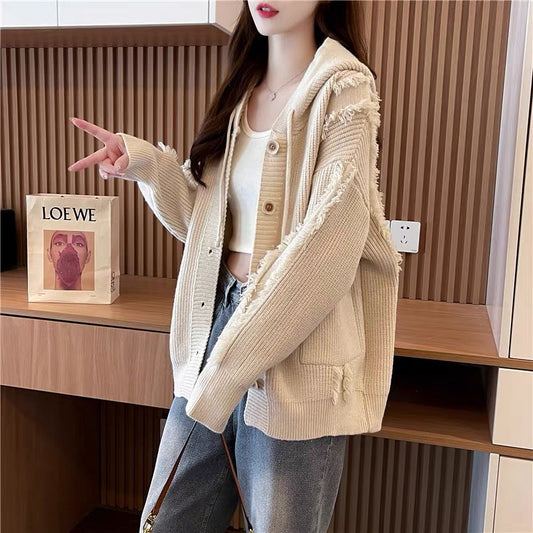 Fashionable design hooded knitted cardigan for women 2023 new autumn versatile Korean style age-reducing sweater jacket (S0617)