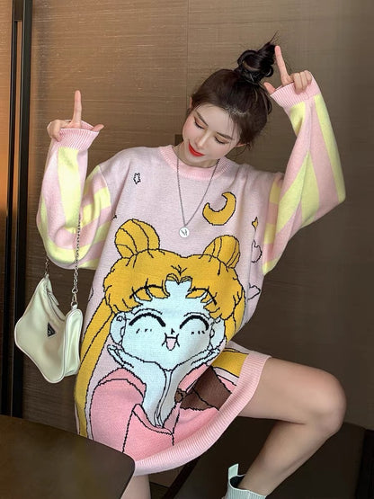 2023 Sailor Moon Sweater Women's Retro Hong Kong Style Loose Mid-Length Spring Autumn and Winter Bottoming Sweater Trend T2376