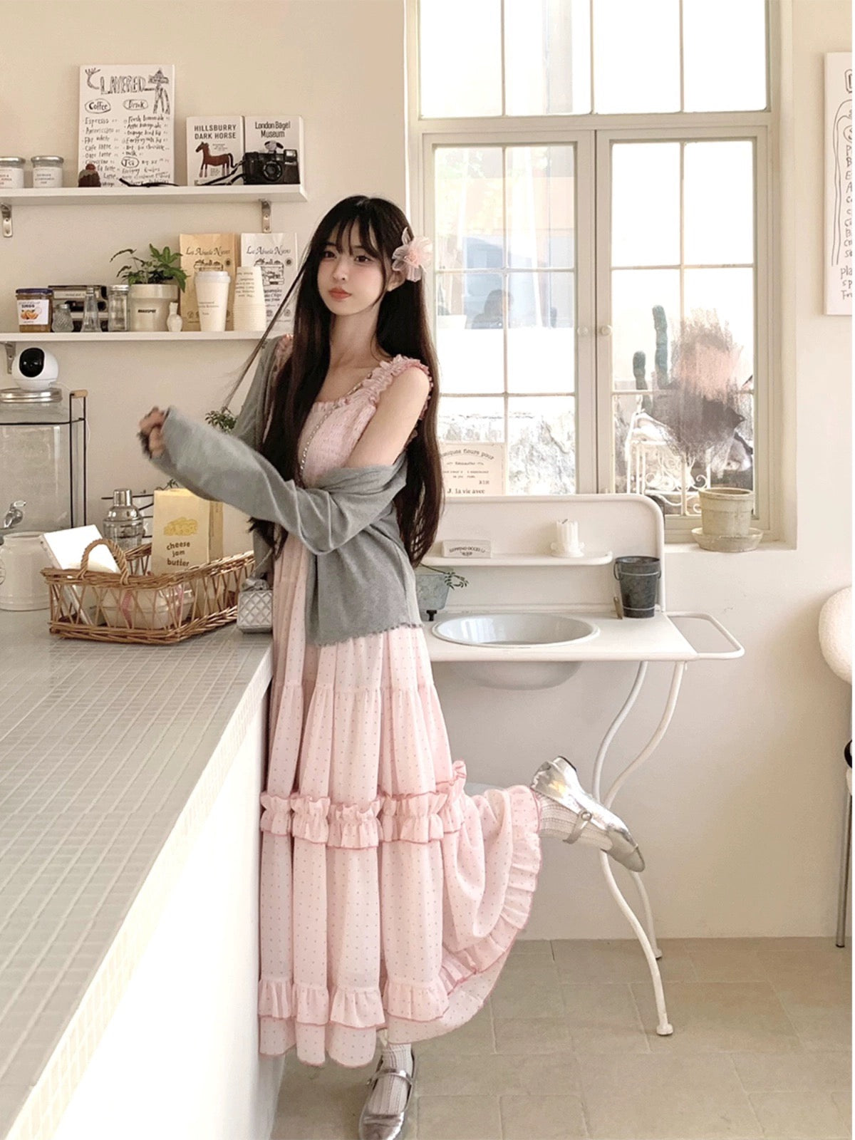 THETURE original small dessert suspender skirt polka dot dress long early spring new style seaside vacation slim women