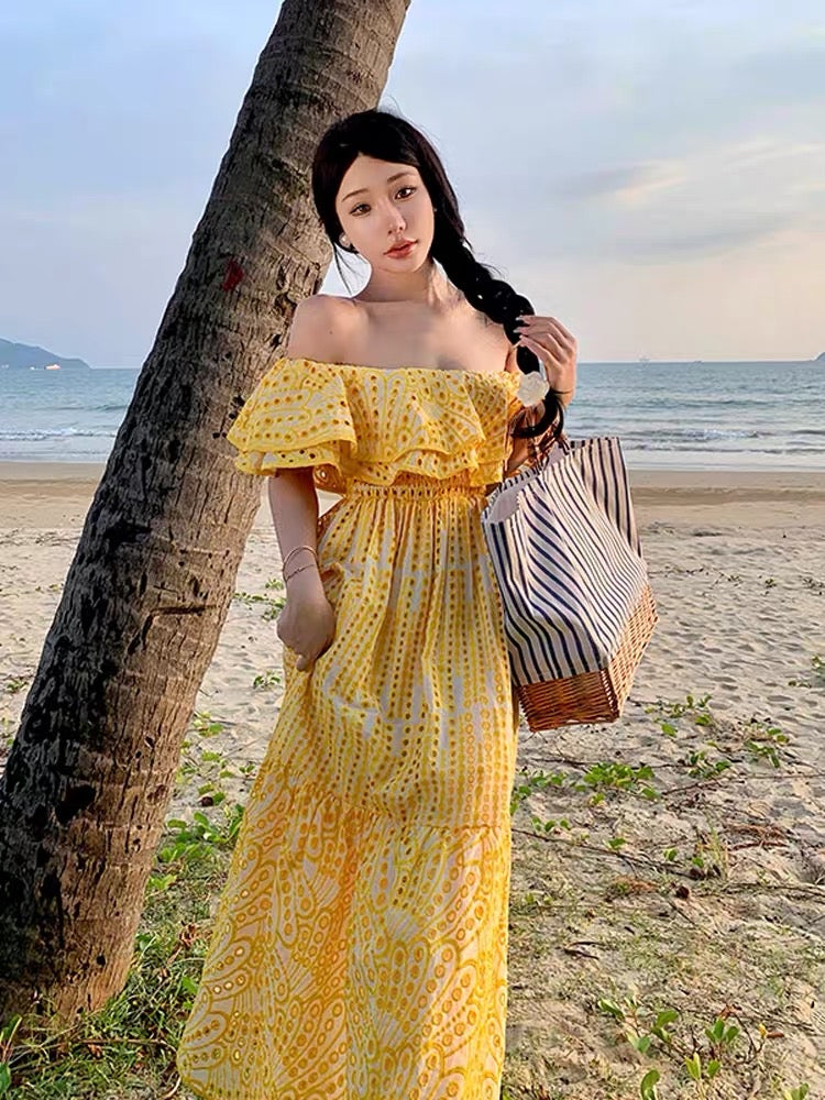 French hollow one-shoulder tube top dress female summer high-end sexy backless beach seaside holiday long skirt