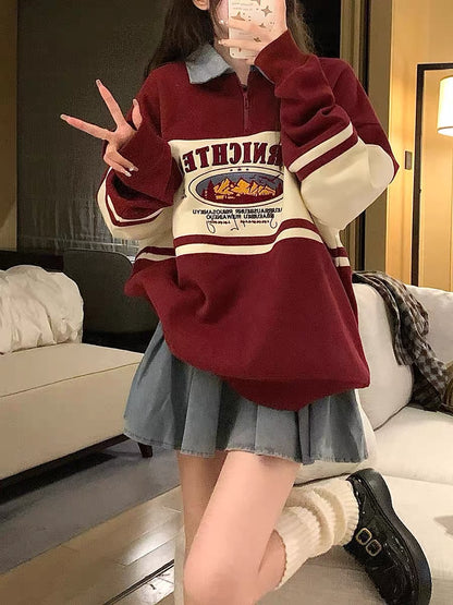 DOPS early autumn new American retro POLO collar loose color matching couple sweatshirt women's long-sleeved top