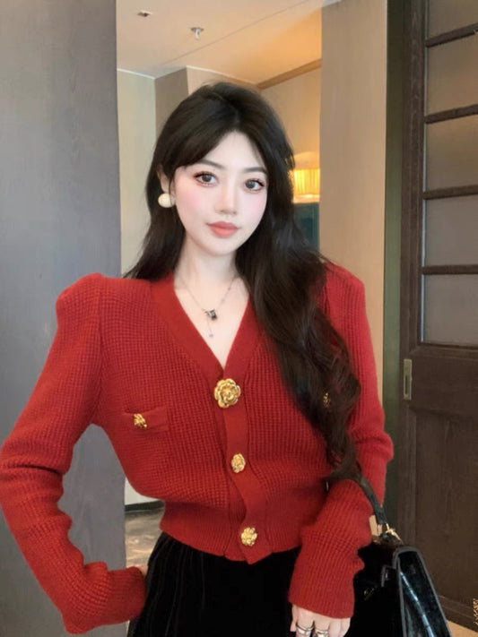 Korean style temperament sweater cardigan coat for women autumn and winter design v-neck long-sleeved sweater bottoming shirt outer top