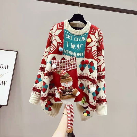 Red Sweater Women's Autumn and Winter Thickened Mid-Length 2023 New Jacket Chinese New Year Festive Year of the Rabbit Animal Year Fashion