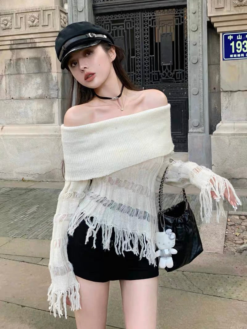 Pure Desire Hot Girl Sexy One-shoulder Top Women's Design Niche Autumn and Winter Clothes Tassel Knit Sweater Sweater Bottoming Shirt