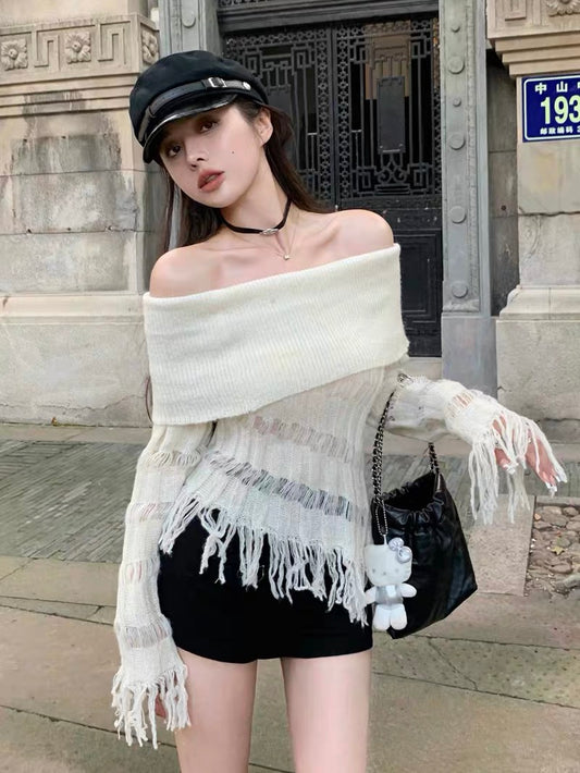 Pure Desire Hot Girl Sexy One-shoulder Top Women's Design Niche Autumn and Winter Clothes Tassel Knit Sweater Sweater Bottoming Shirt