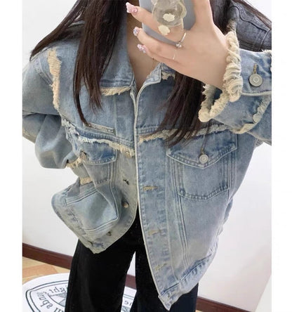 Retro high street washed old ripped denim jacket men's spring and autumn American style oversize tooling couple jacket tide