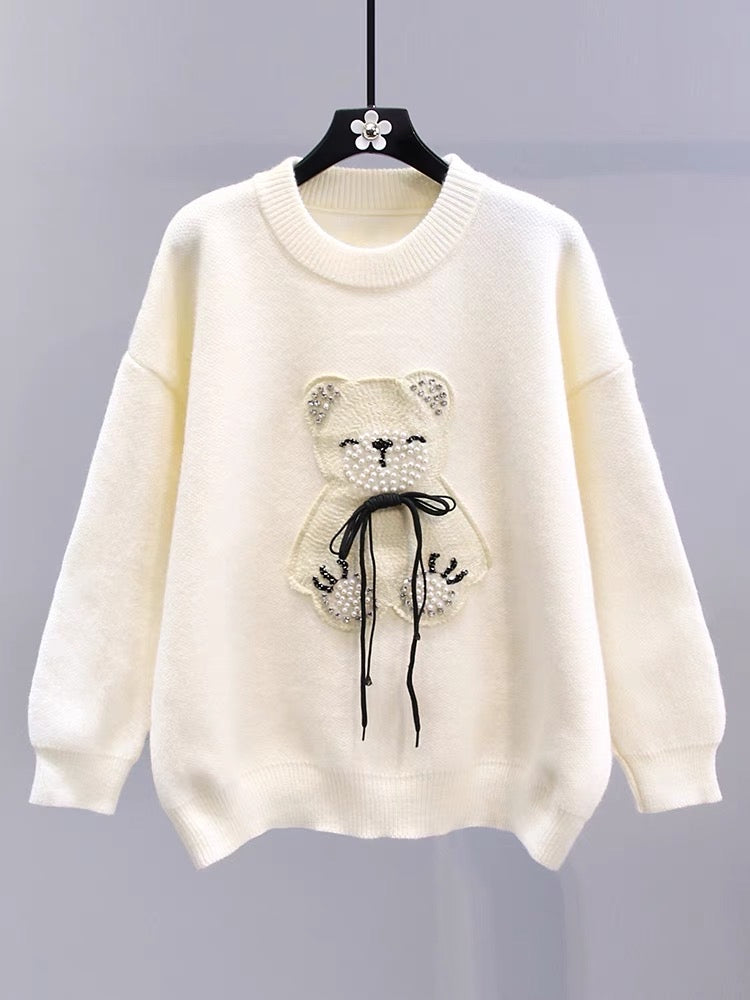 Japanese cartoon bear beaded pullover hairy head women's autumn and winter 2023 new loose and high-end age-reducing knitted top