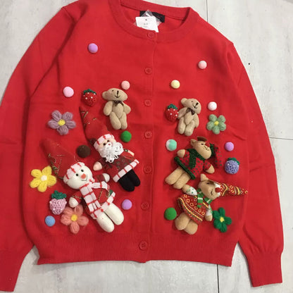 zodiac year 3D three-dimensional Santa Claus elk snowman doll forest sweater female super fairy retro red day cardigan