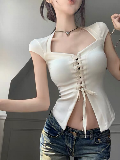 Fashion short-sleeved t-shirt women's 2023 new sexy square collar T-shirt slim fit slim cardigan top trendy unique chic