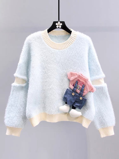 Gentle style cartoon sweater for women autumn and winter 2023 new loose lazy style versatile and western style age-reducing knitted sweater top