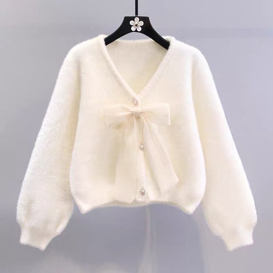 Bow tie design mink velvet sweater jacket for women autumn and winter 2023 loose short style age-reducing knitted cardigan