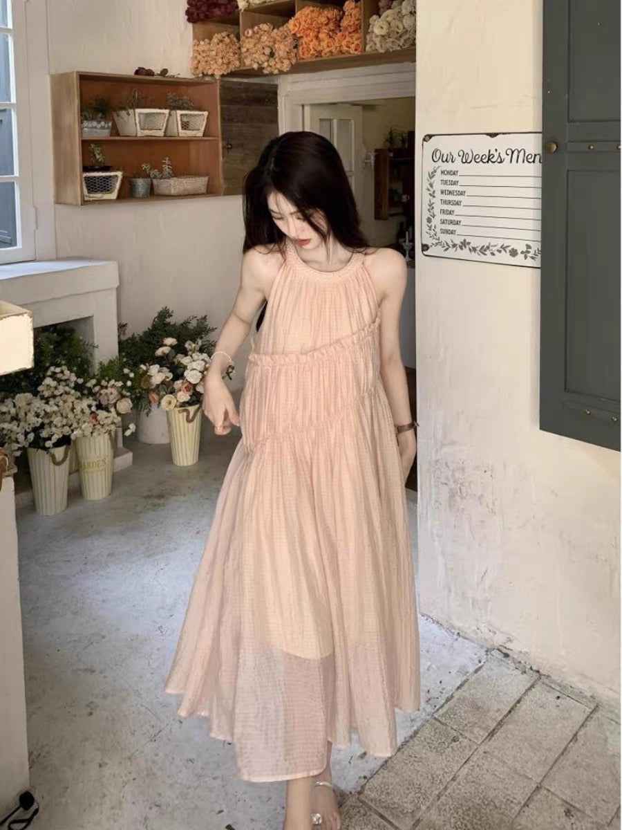 Holiday style pink hanging neck dress women's summer 2023 new sweet design sense niche temperament mid-length skirt l