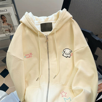 High-end and beautiful dog embroidered hooded sweatshirt for men and women in spring and autumn, Japanese style, soft girl, cute jacket and cardigan