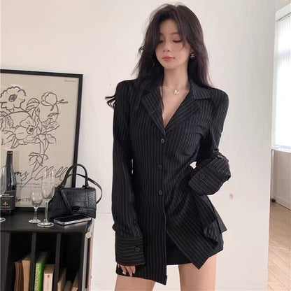 2023 early spring and autumn new French style waist striped black shirt women's high-end design sense niche top small man