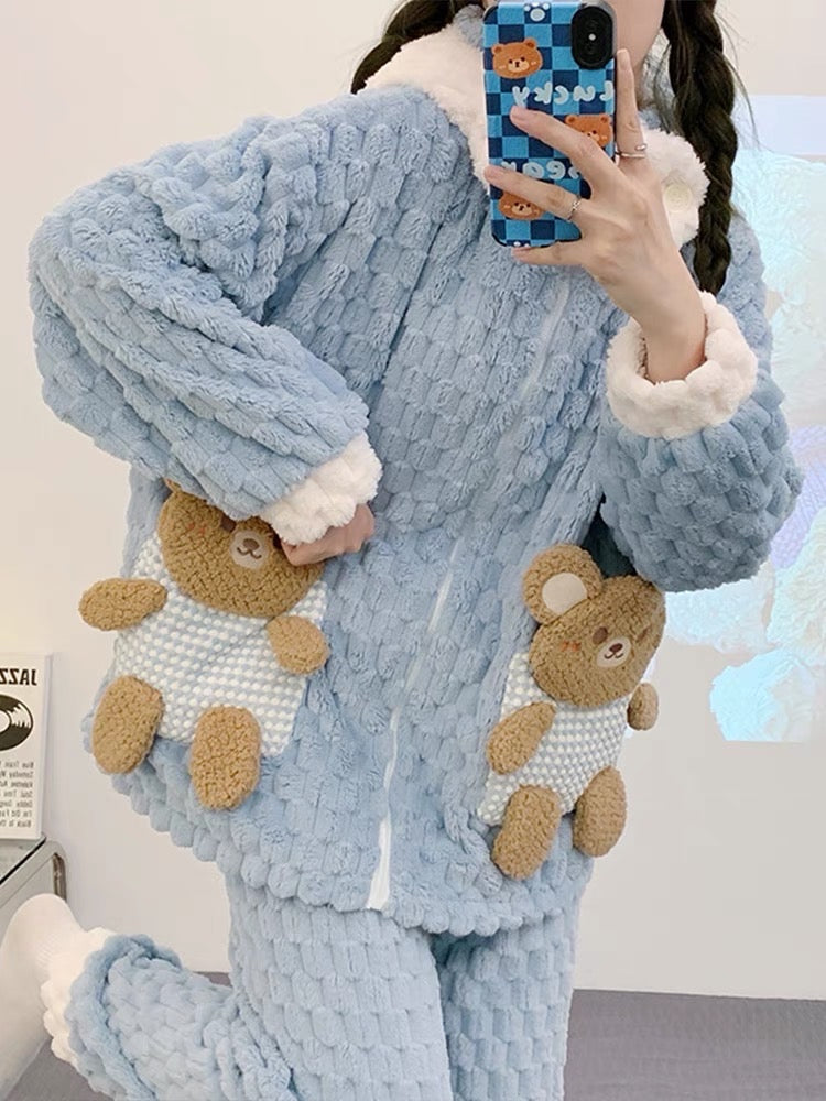 Coral velvet pajamas winter female cartoon bear Internet celebrity style autumn and winter style plus velvet thickened flannel with hood can be worn outside