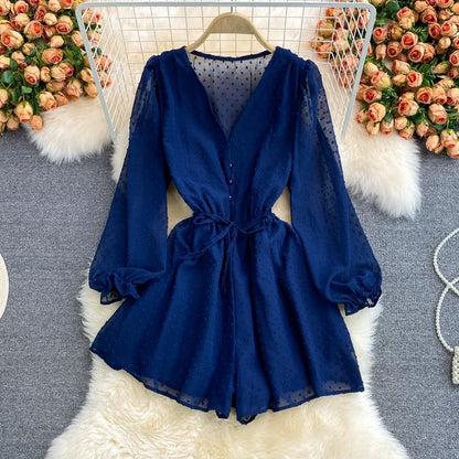 Summer new fashion loose v-neck single-breasted waist strap chiffon puff sleeve jumpsuit wide-leg shorts trend