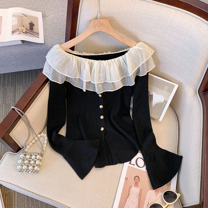 Autumn new high-end Hepburn style ruffled one-shoulder solid color slimming inner layering shirt top