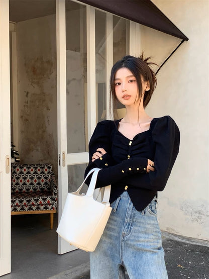 Puff sleeve square neck knitted bottoming shirt for women, autumn and winter design, niche irregular top, small fragrant style sweater