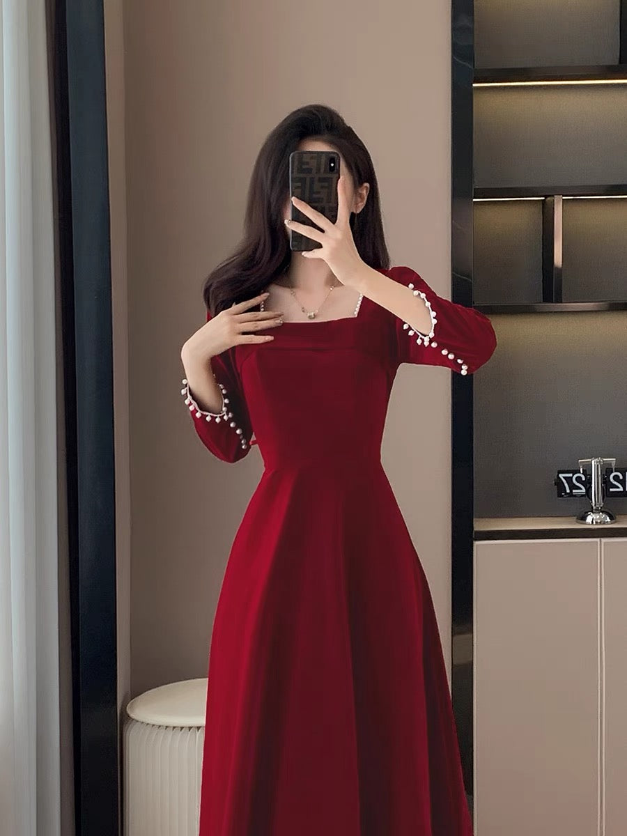 Autumn Winter Velvet wedding party red dress for Women Slim Simple Fashion  Temperament Elegant High-grade