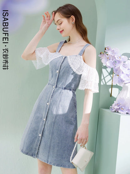 Lingmi one-shoulder suspender denim dress new summer women's double-layer lace sleeve design temperament skirt