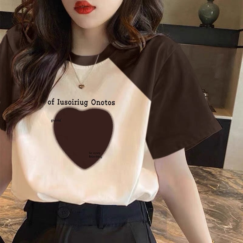 Splicing and contrasting color front shoulder pure cotton short-sleeved t-shirt women's 2023 summer new loose tops niche design trendy