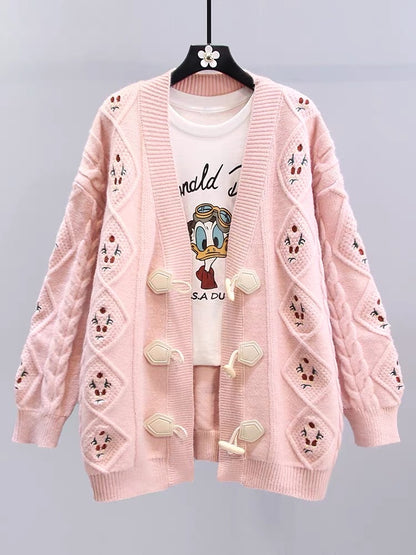 Retro Embroidered Horn Button Sweater Jacket Women Autumn and Winter 2023 New Loose Lazy Style Knitted Cardigan