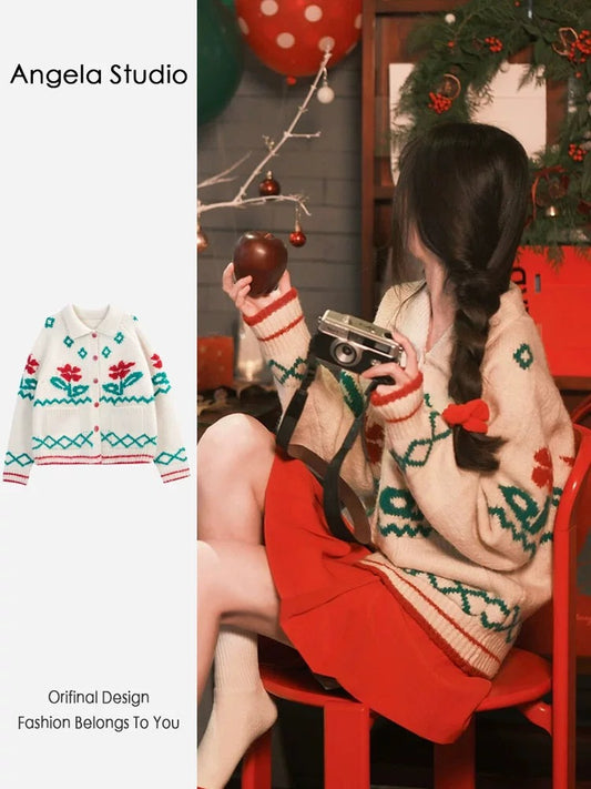 Christmas outfit sweet French high-end knitted cardigan polo sweater women's 2023 new autumn and winter top