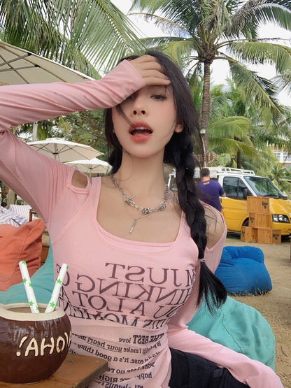 Earth Store Pink Mesh Splicing Irregular Design T-shirt Women's Sweet and Spicy Slimming Letter Printed Bottoming Shirt