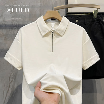 LUUD solid color loose zipper lapel polo top simple button design men's all-match short-sleeved polo T-shirt