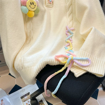 Milk fufu sweet cute smiley face flower lapel sweater men and women winter lazy college style knitted polo shirt top