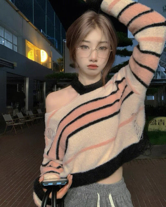 Short ripped striped sweater for women autumn and winter 2023 new sweet and spicy style soft and waxy off-shoulder loose versatile pullover sweater