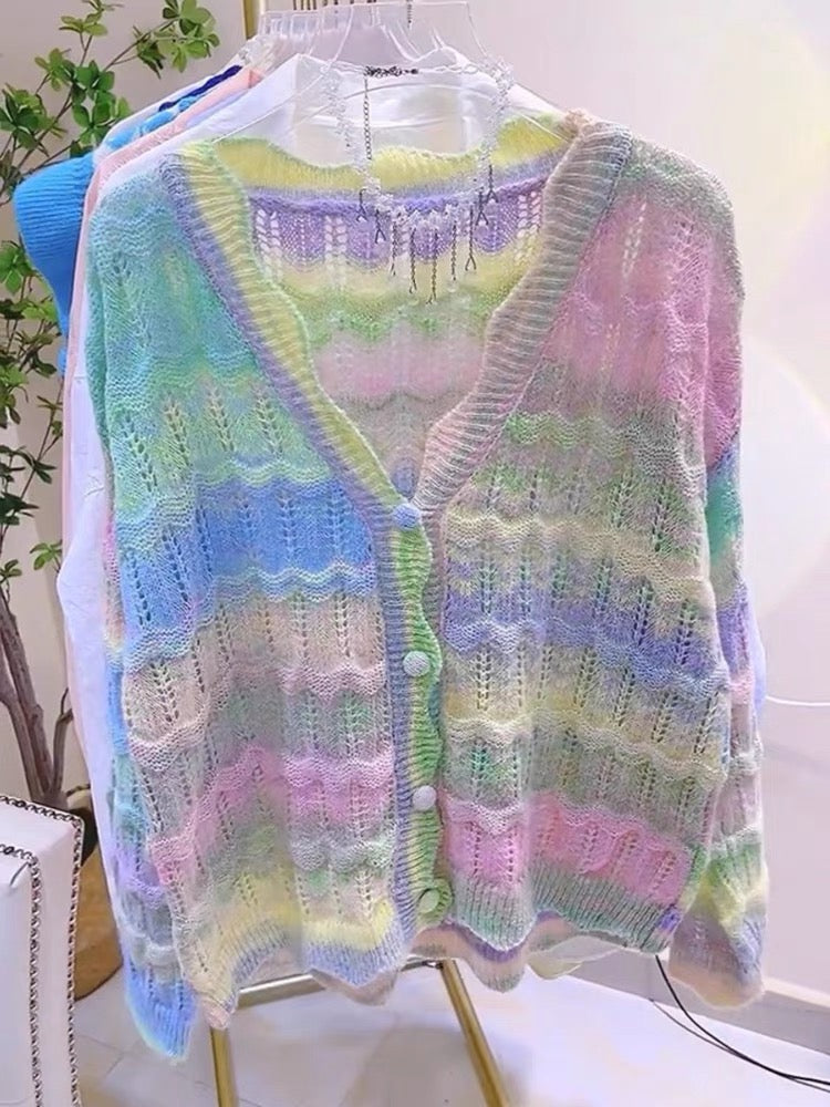 Feather-colored autumn chic and beautiful top design French rainbow gradient loose long-sleeved v-neck knitted cardigan for women (S155)