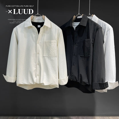 LUUD vertical pattern design sense non-ironing lapel shirt men's light luxury temperament casual solid color long-sleeved loose-inch shirt